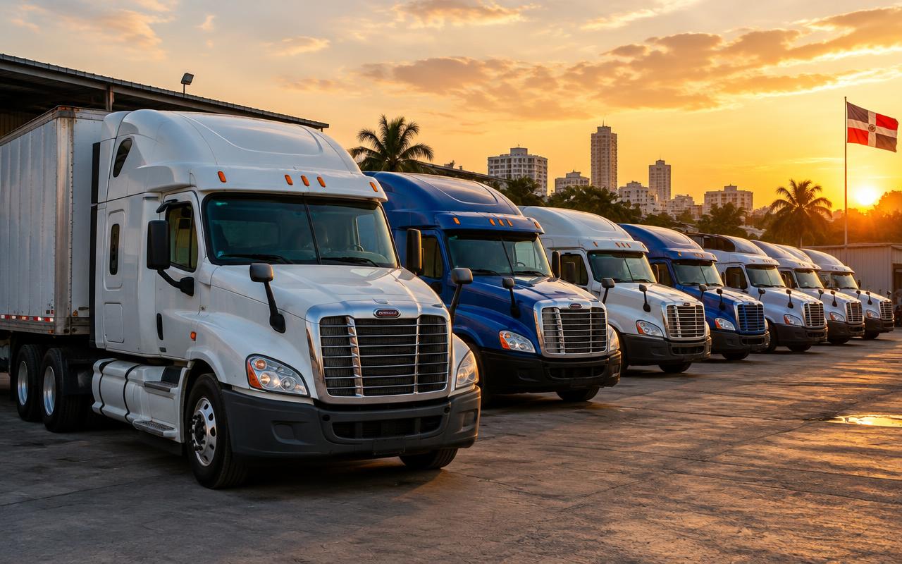 Flota de camiones de Transporte Ramírez Ramos al atardecer