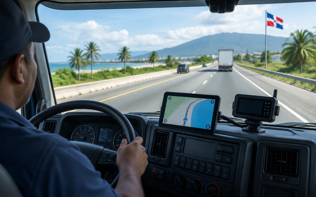 Cabina de camión con GPS y sistema de telemetría en ruta